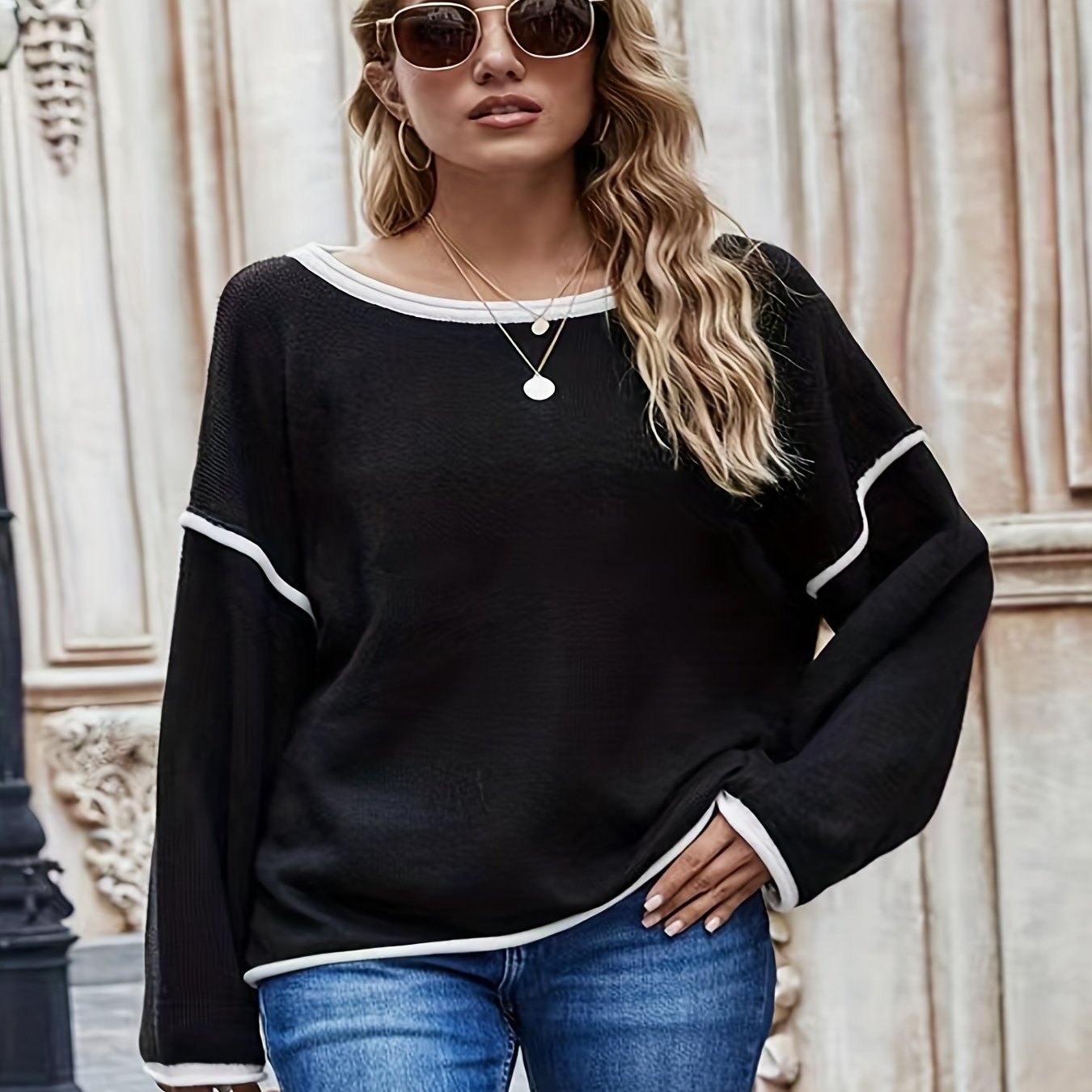 Plus Size Casual Sweater, Women's Plus Solid Long Sleeve Round Neck Slight Stretch Loose Sweater black