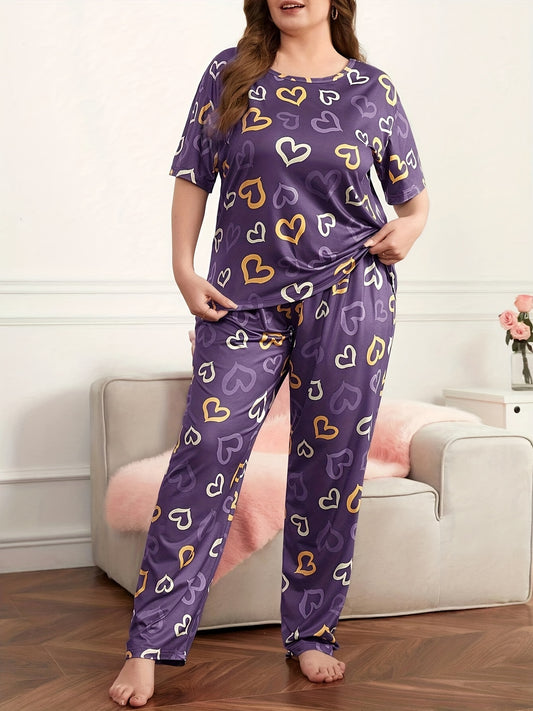 Plus Size Cute Pajama Set, Women's Plus Heart Print Short Sleeve Round Neck Loose Tee & Pants Lounge Two Piece Set