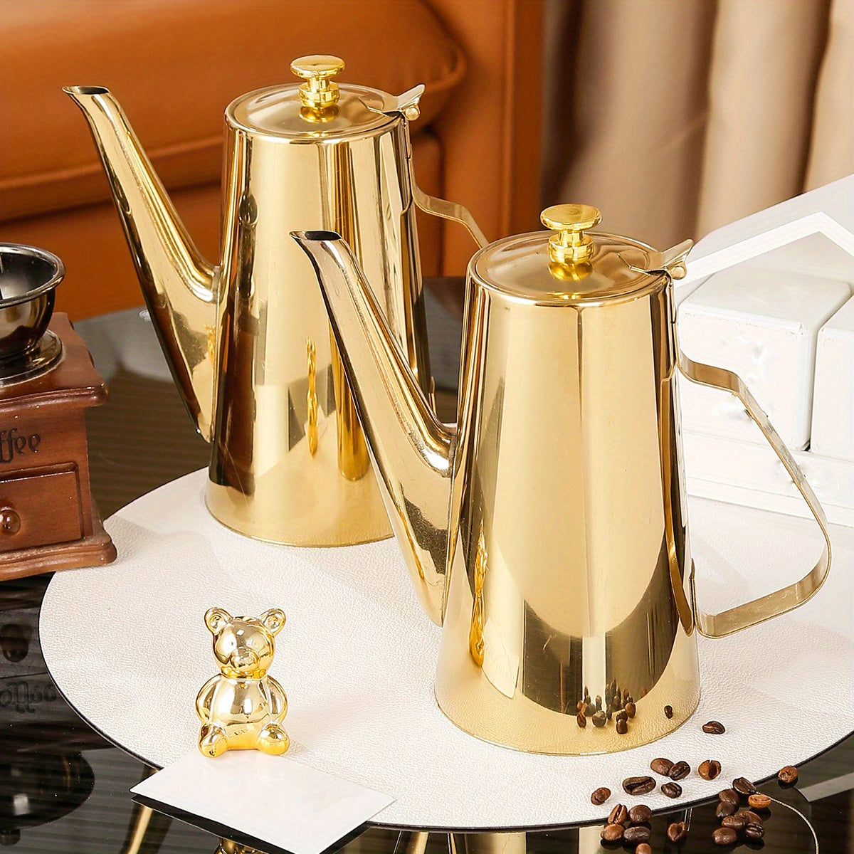 1PC, Golden Coffee Pot, European Style, British Style Afternoon Tea New Thickened Stainless Steel Cold Kettle, Cool Tea Flower Coffee Kettle, Stainless Steel Tea Kettle Golden