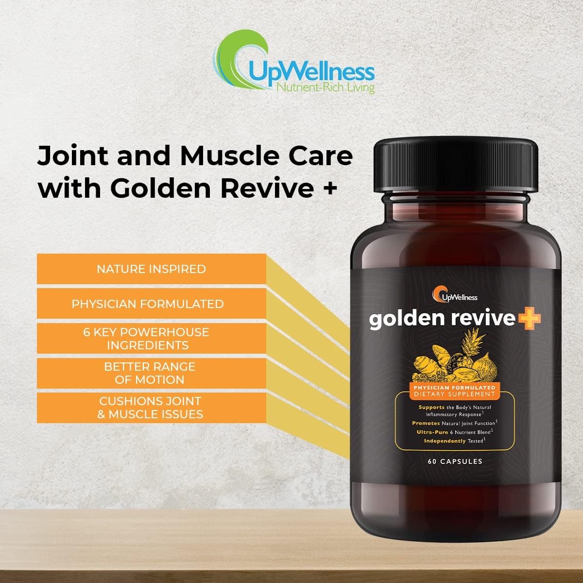 UpWellness Golden Revive + Joint Support with Quercetin, Magnesium, and Turmeric,  60 Capsules - 6 Active Ingredients for Joint and Muscle Care - Physician Formulated