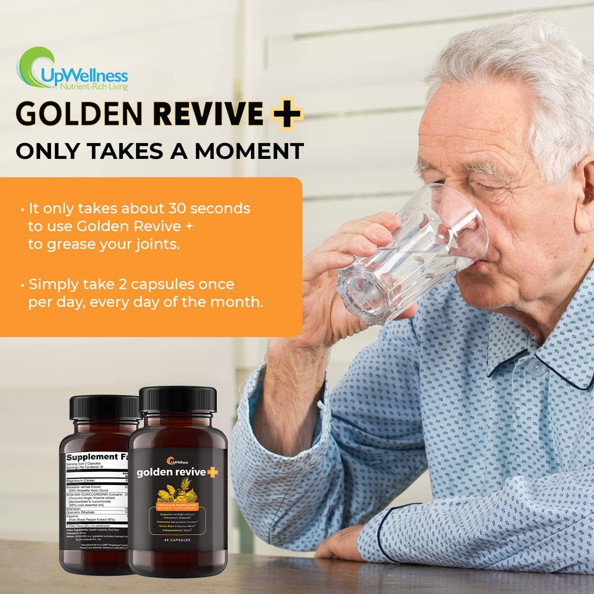 UpWellness Golden Revive + Joint Support with Quercetin, Magnesium, and Turmeric,  60 Capsules - 6 Active Ingredients for Joint and Muscle Care - Physician Formulated