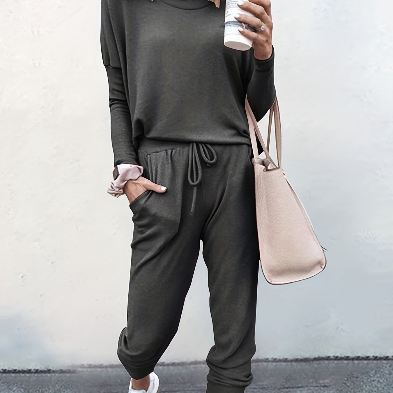 Casual Solid Two-piece Set, Long Sleeve T-shirt & Drawstring Pants Outfits, Women's Clothing Dark Gray