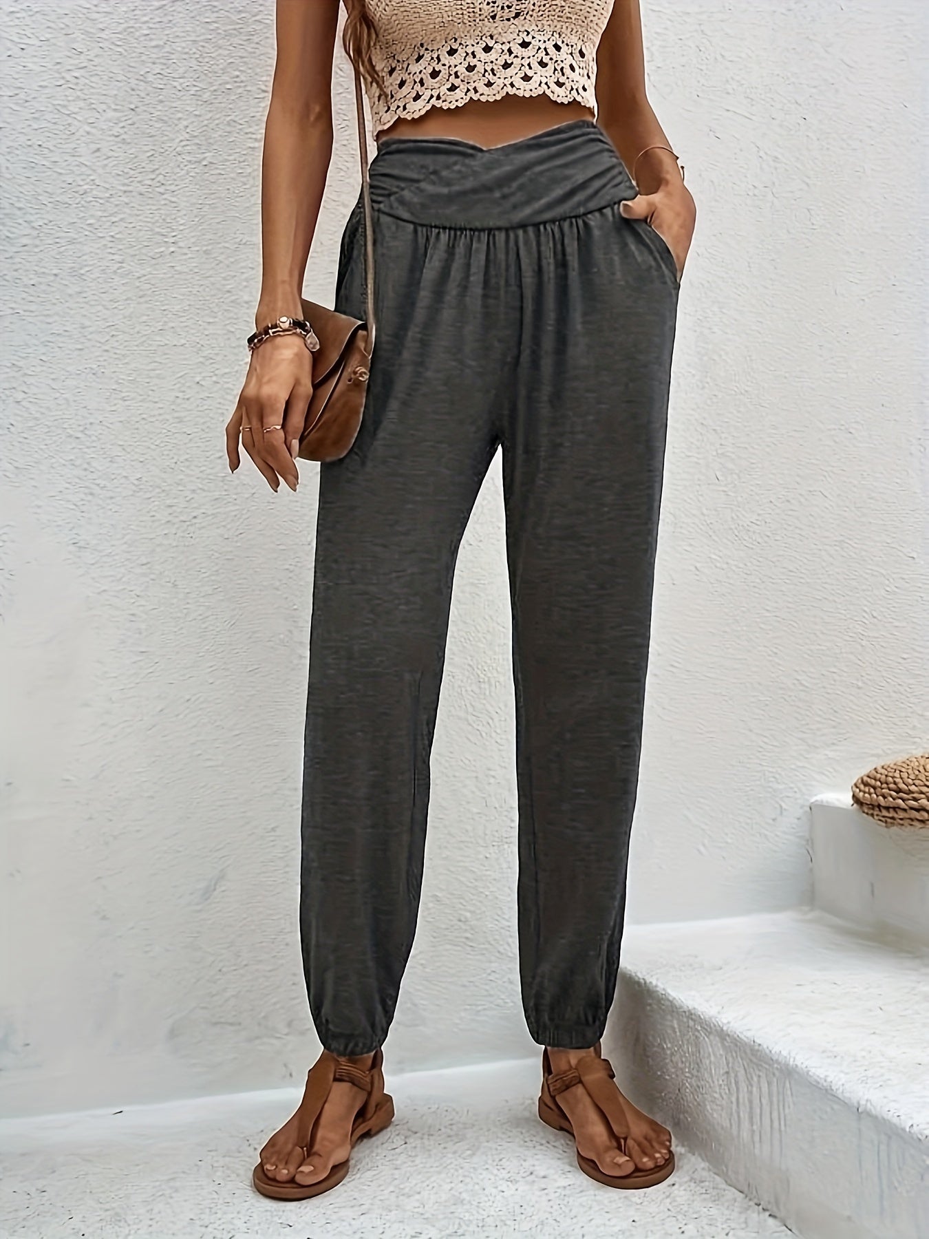 Plus Size Sporty Pants, Women's Plus Solid Tummy Control Slight Stretch Jogger Trousers With Pockets