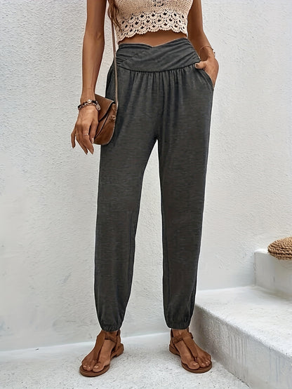 Plus Size Sporty Pants, Women's Plus Solid Tummy Control Slight Stretch Jogger Trousers With Pockets