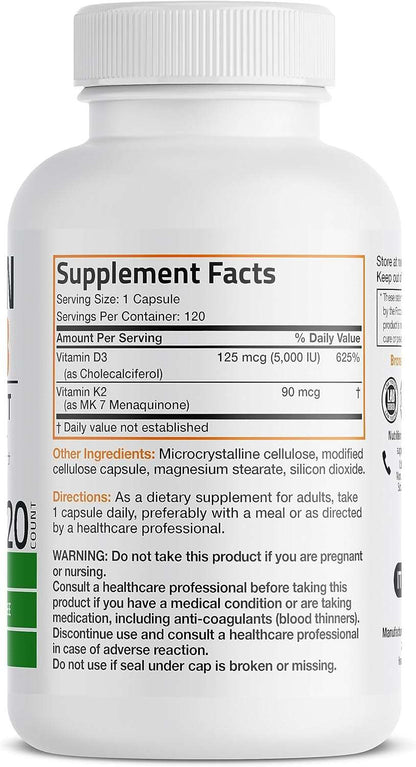 Bronson Vitamin K2 (MK7) with D3 Supplement Non-GMO Formula 5000 IU Vitamin D3 & 90 mcg Vitamin K2 MK-7 Easy to Swallow Vitamin D & K Complex, 120 Capsules