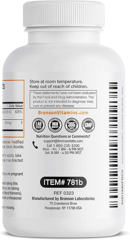 Bronson Vitamin K2 (MK7) with D3 Supplement Non-GMO Formula 5000 IU Vitamin D3 & 90 mcg Vitamin K2 MK-7 Easy to Swallow Vitamin D & K Complex, 120 Capsules