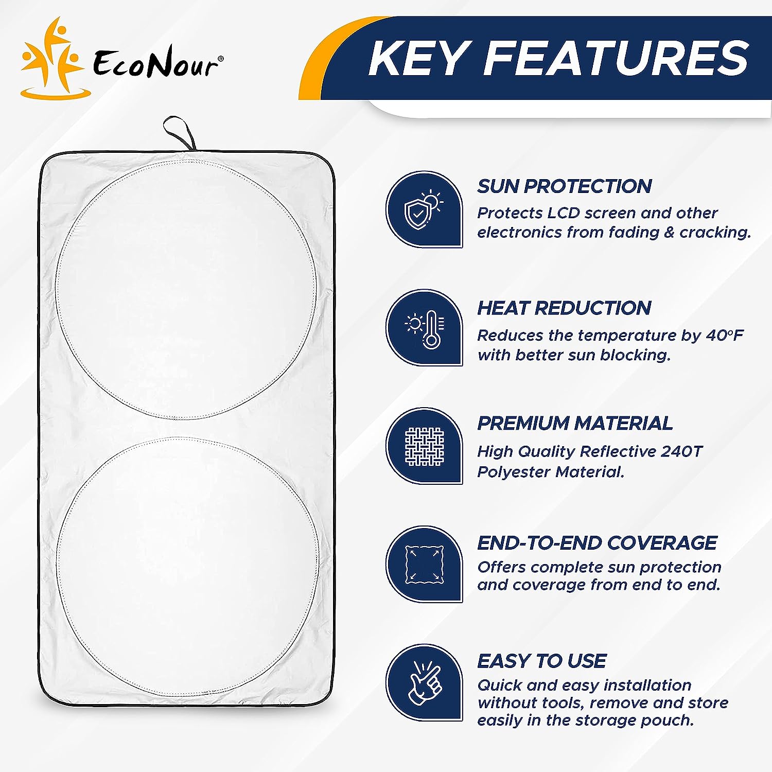 EcoNour Car Windshield Sun Shade | Reflector Sunshade Offers Ultimate Protection for Car Interior | Cool Car Reflective Sun Blocker Fits Small Sedans, Mini SUVs, & Hatchbacks | Medium (64 in x32 in)
