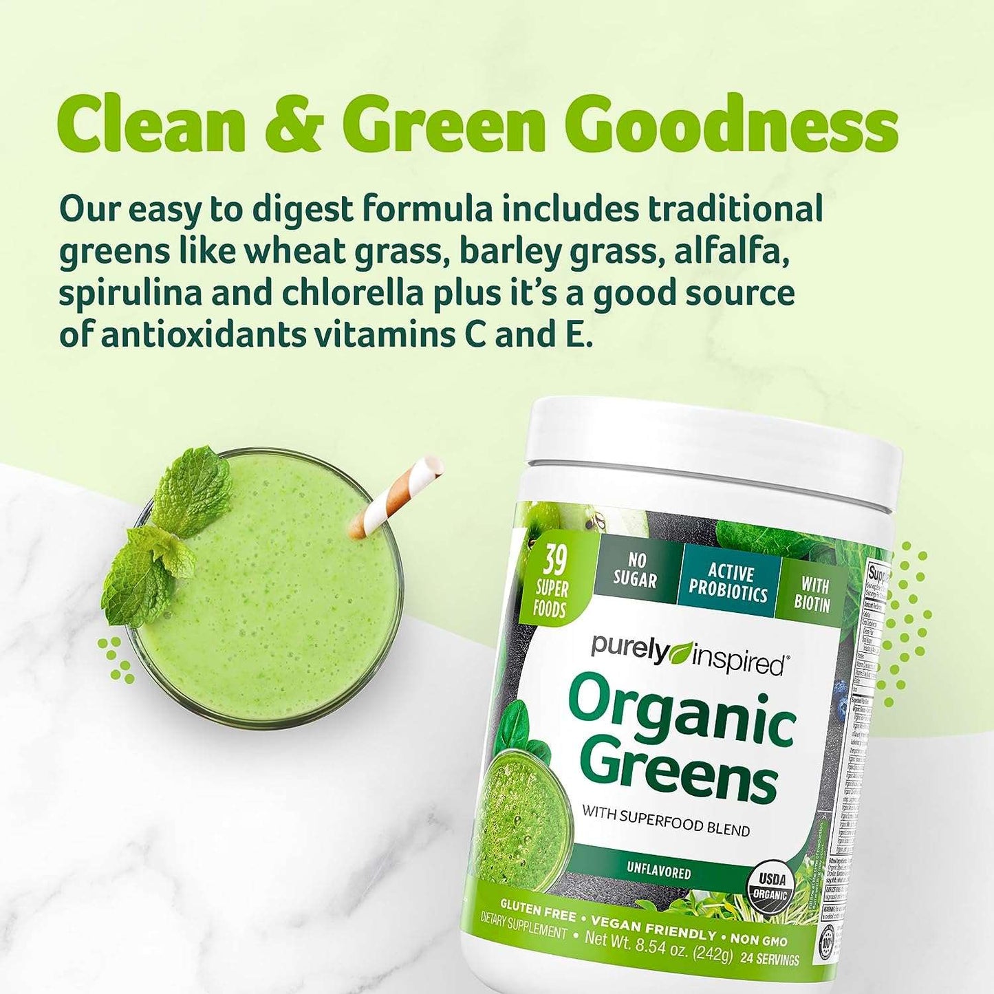 Purely Inspired Organic Greens Powder Superfood  Unflavored 24 Servings