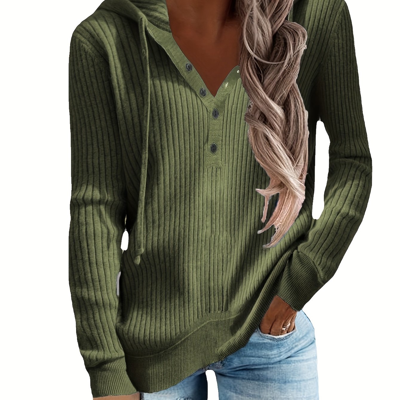 Plus Size Casual Coat, Women's Plus Solid Ribbed Long Sleeve Drawstring Hoodie Button Up Coat Army Green