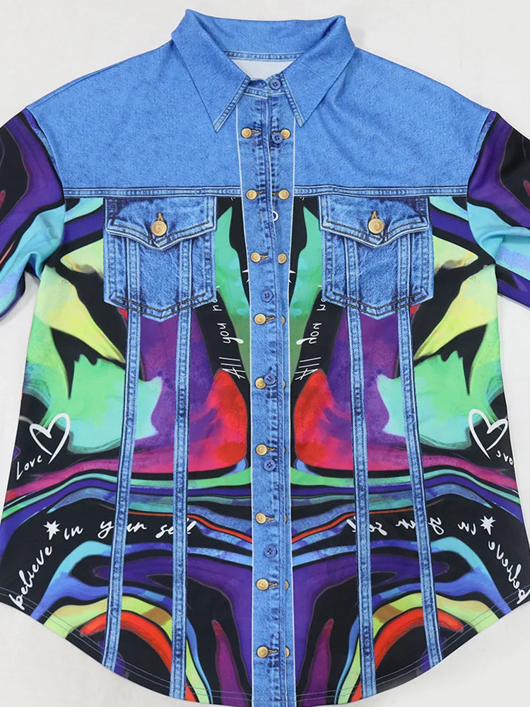 Beyprern Lux Denim Effect Set Women's Print Long Sleeve Colorful Blouse Top And Skirt Set Two-Piece Dress Outfits Night Clubwear