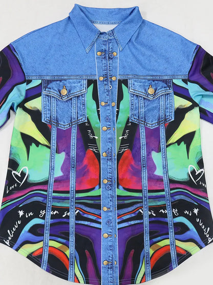 Beyprern Lux Denim Effect Set Women's Print Long Sleeve Colorful Blouse Top And Skirt Set Two-Piece Dress Outfits Night Clubwear