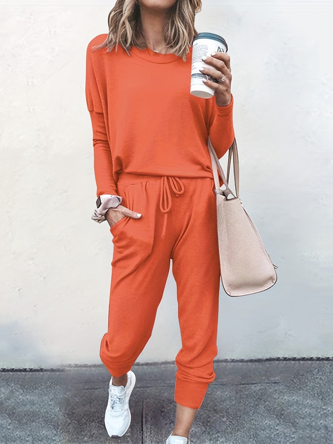 Casual Solid Two-piece Set, Long Sleeve T-shirt & Drawstring Pants Outfits, Women's Clothing
