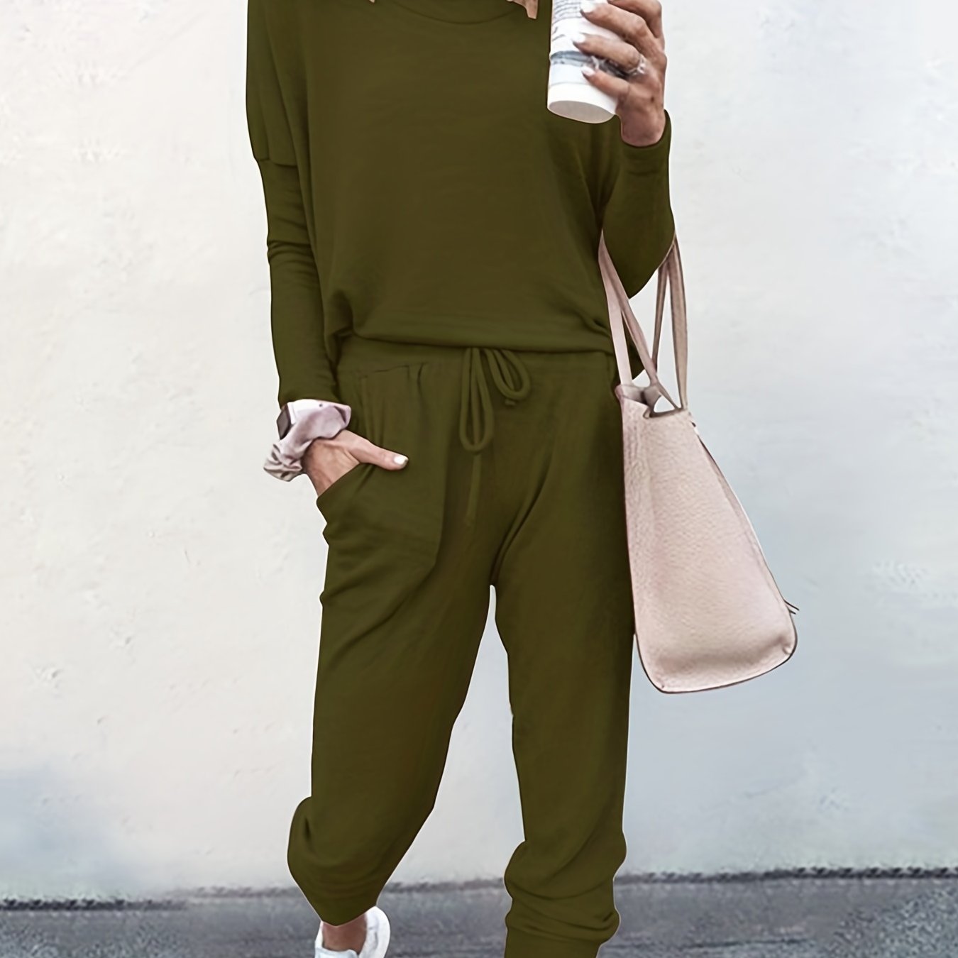Casual Solid Two-piece Set, Long Sleeve T-shirt & Drawstring Pants Outfits, Women's Clothing Army Green