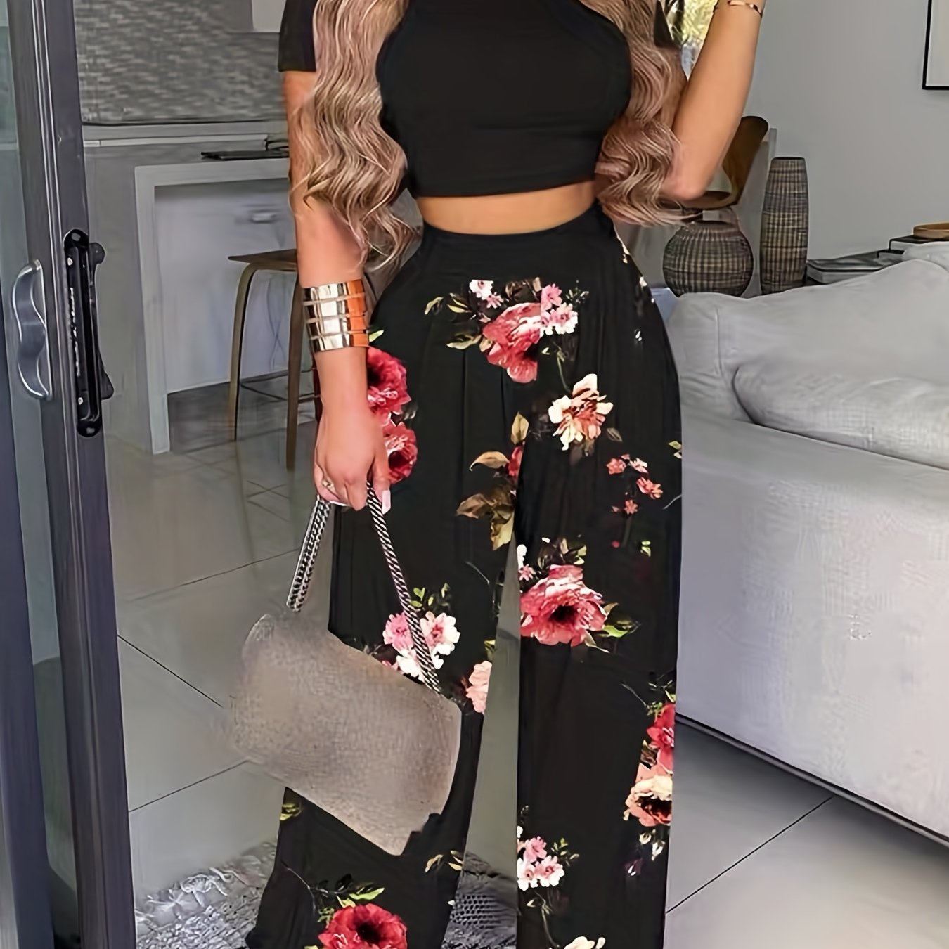 Boho Summer Two Pieces Set, Cropped Solid Short Sleeve T-shirt & High Waist Floral Print Wide Leg Pants Outfits, Women's Clothing Big Black Flower