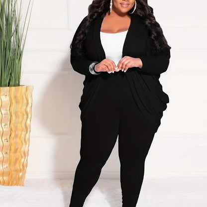 Plus Size Casual Outfits Two Piece Set, Women's Plus Solid Side Ruched Long Sleeve Open Front Cardigan & Skinny Pant Outfits Two Piece Set black