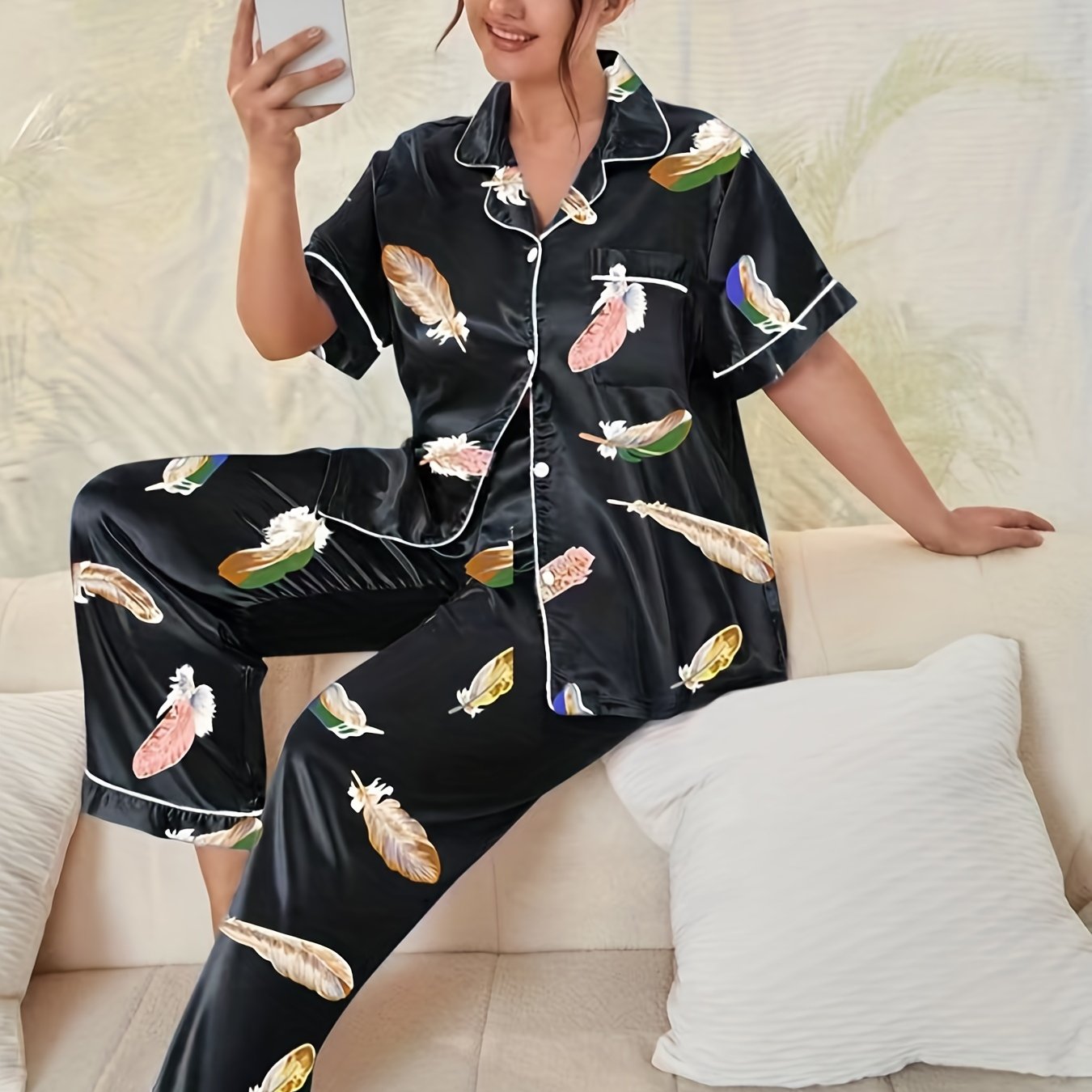 Look & Feel Fabulous in this Plus Size Casual Pajama Set - Women's Satin Leopard Print Tee & Smooth Pants 2pcs Set Black Feather