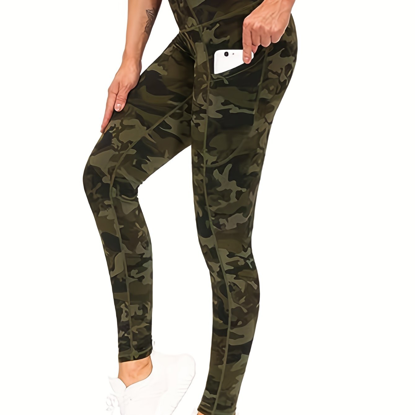 Phonepocketed Plus Size Sports Leggings High Stretch Butt Lifting Yellow Camouflage