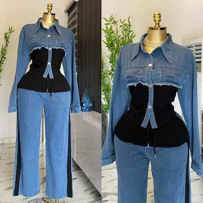 Two Piece Sets Women Pant Set Denim Splice Matching Sets Spring Top Wide Leg Long Pants Casual Loose Lace Up High Waist Jogger