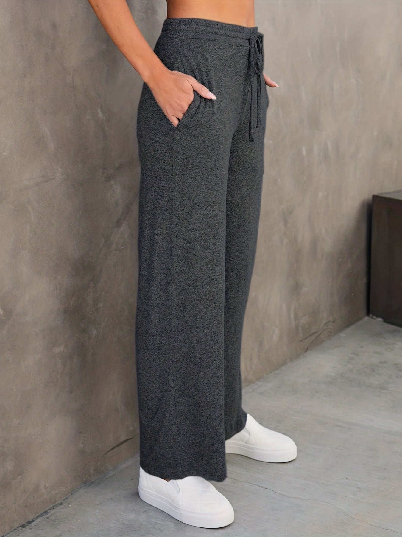 Plus Size Casual Pants, Women's Plus Solid Elastic Drawstring High Rise Medium Stretch Loose Straight Leg Pants