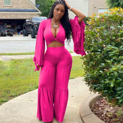 Casual Spring And Autumn For Women's Solid Color Long Sleeved Chest Wrap Top and Wide Leg Trousers Female Office 2 Piece Set