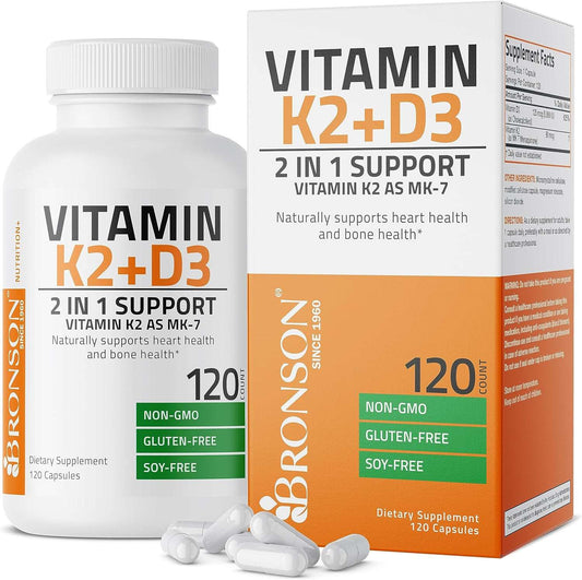 Bronson Vitamin K2 (MK7) with D3 Supplement Non-GMO Formula 5000 IU Vitamin D3 & 90 mcg Vitamin K2 MK-7 Easy to Swallow Vitamin D & K Complex, 120 Capsules