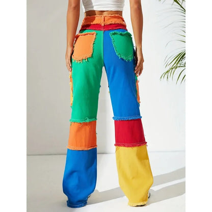 Distressed Color Patchwork Women Denim Pants Fringe High Waist Zipper Fly Jeans 2023 Fall Winter Y2K Streetwear Sexy Club Outfit