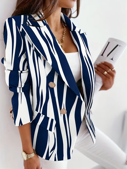 Plus Size Elegant Blazer, Women's Plus Chain Print Double Breasted Lapel Collar Long Sleeve Blazer