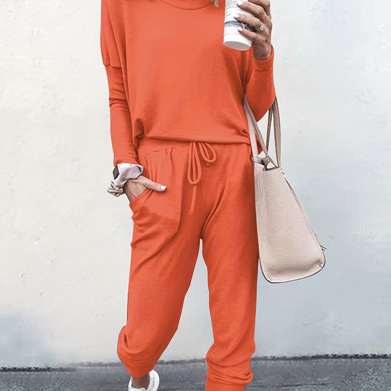 Casual Solid Two-piece Set, Long Sleeve T-shirt & Drawstring Pants Outfits, Women's Clothing orange red