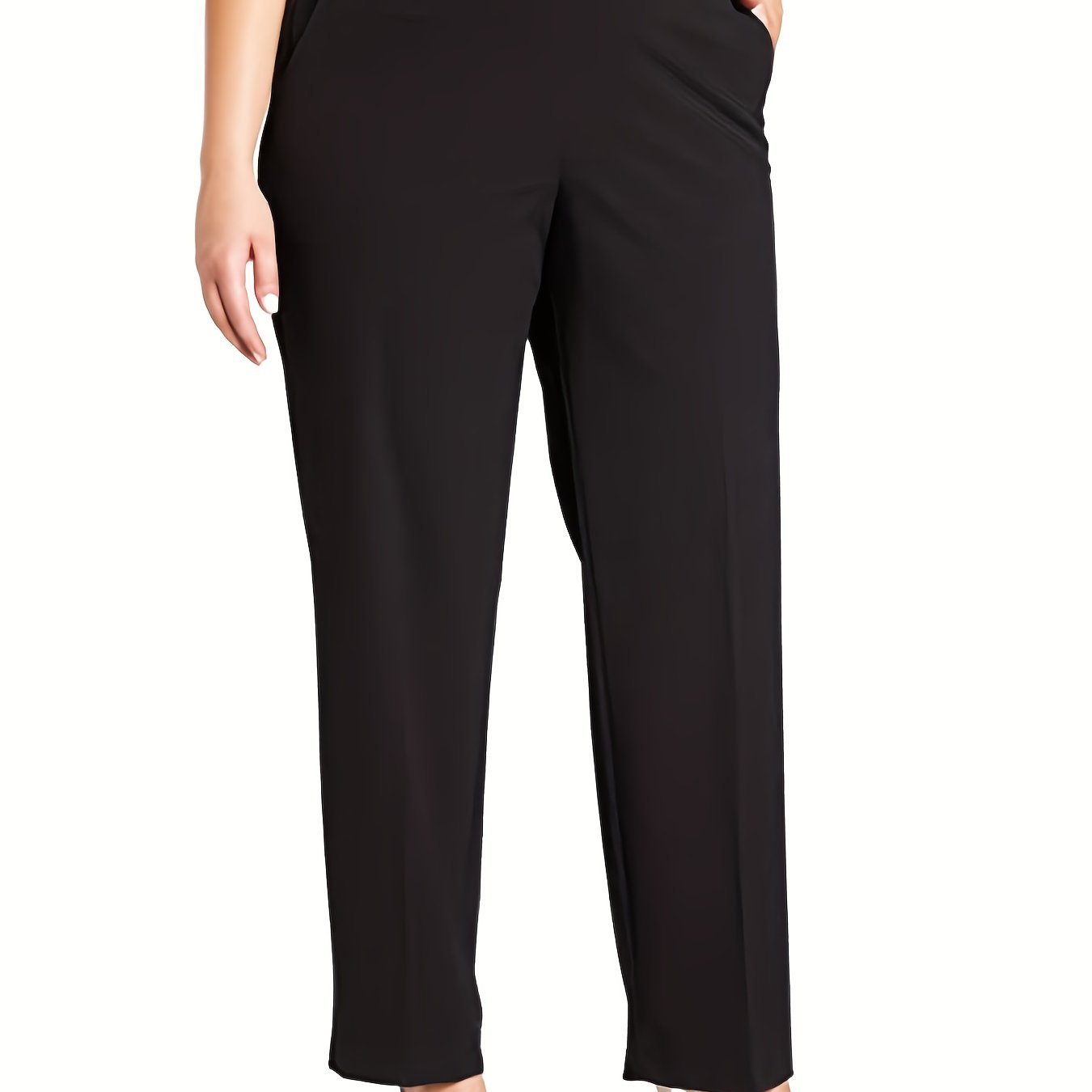 Plus Size Casual Pants, Women's Plus Solid High Stretch Straight Leg Pants With Pockets black