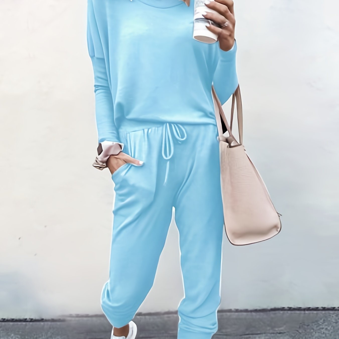 Casual Solid Two-piece Set, Long Sleeve T-shirt & Drawstring Pants Outfits, Women's Clothing Deep Sky Blue