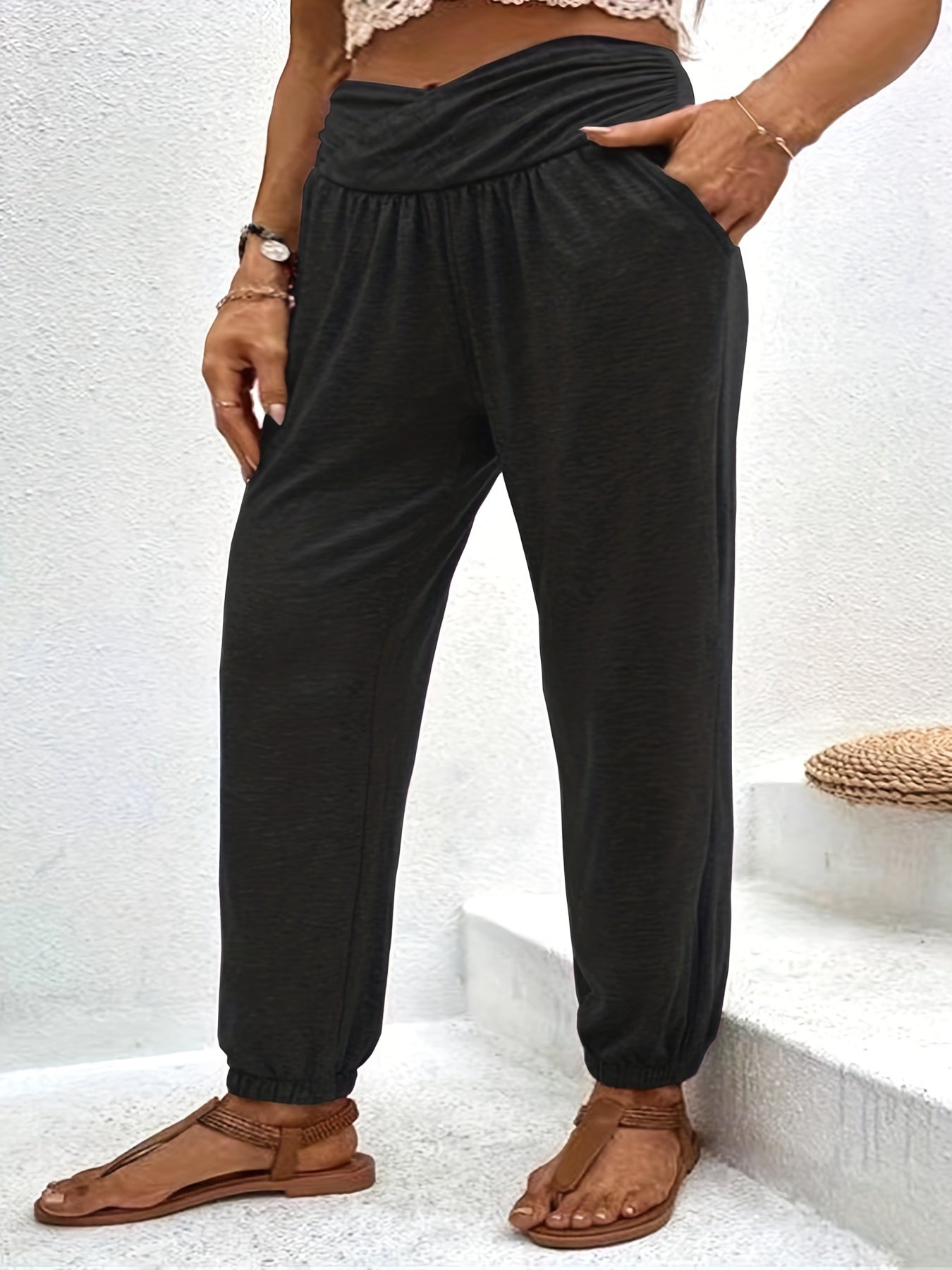 Plus Size Sporty Pants, Women's Plus Solid Tummy Control Slight Stretch Jogger Trousers With Pockets