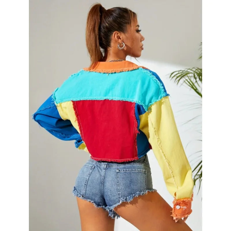 Distressed Color Patchwork Women Denim Pants Fringe High Waist Zipper Fly Jeans 2023 Fall Winter Y2K Streetwear Sexy Club Outfit