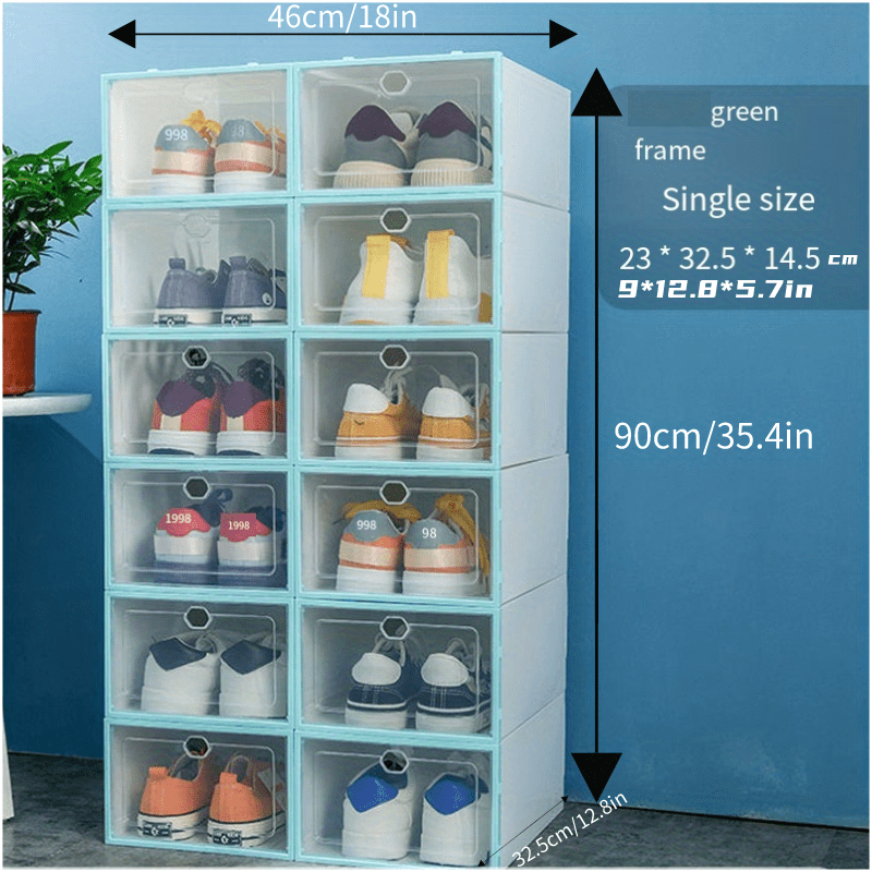 12pcs Thickened Plastic Shoes Boxes, Transparent Easy Assembly Shoes Organizer, Dustproof PP Shoes Box For Men And Women, Side Opening Door Shoes Cabinet, High Quality Shoes Storage Box Green