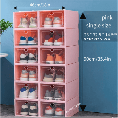 12pcs Thickened Plastic Shoes Boxes, Transparent Easy Assembly Shoes Organizer, Dustproof PP Shoes Box For Men And Women, Side Opening Door Shoes Cabinet, High Quality Shoes Storage Box Overall Pink