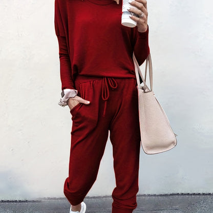 Casual Solid Two-piece Set, Long Sleeve T-shirt & Drawstring Pants Outfits, Women's Clothing Red