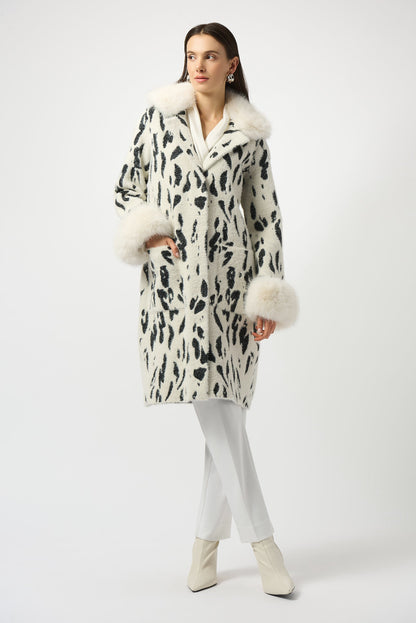 Feather Yarn Animal Jacquard Coat with Faux Fur Trim - 253904-4291
