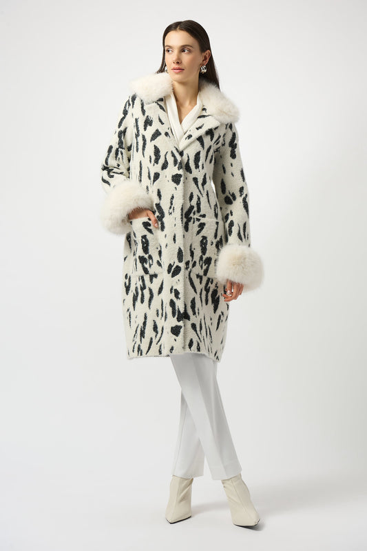 Feather Yarn Animal Jacquard Coat with Faux Fur Trim - 253904-4291