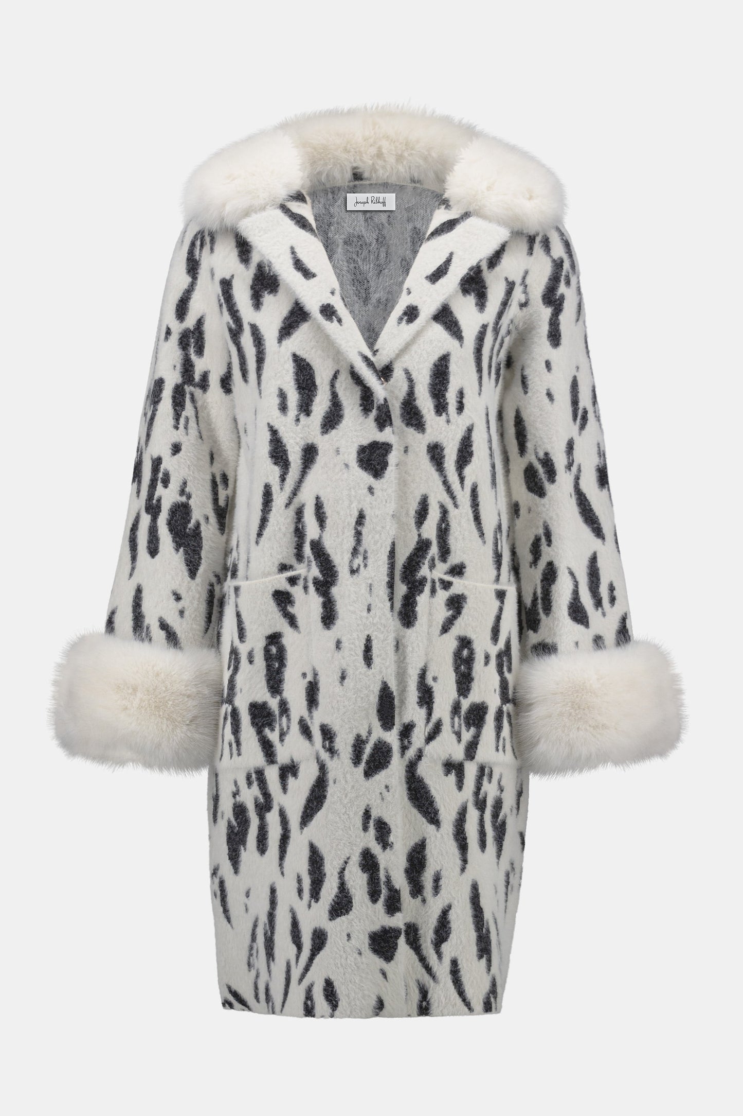 Feather Yarn Animal Jacquard Coat with Faux Fur Trim - 253904-4291
