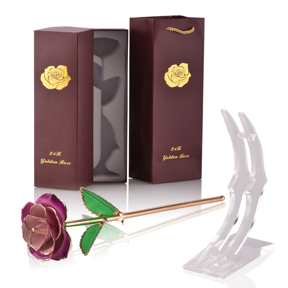 Gifts for Women 24k Gold Dipped Rose with Stand Eternal Flowers Forever Love In Box Girlfriend Wedding Valentine Gift for Her L Purple with stand China