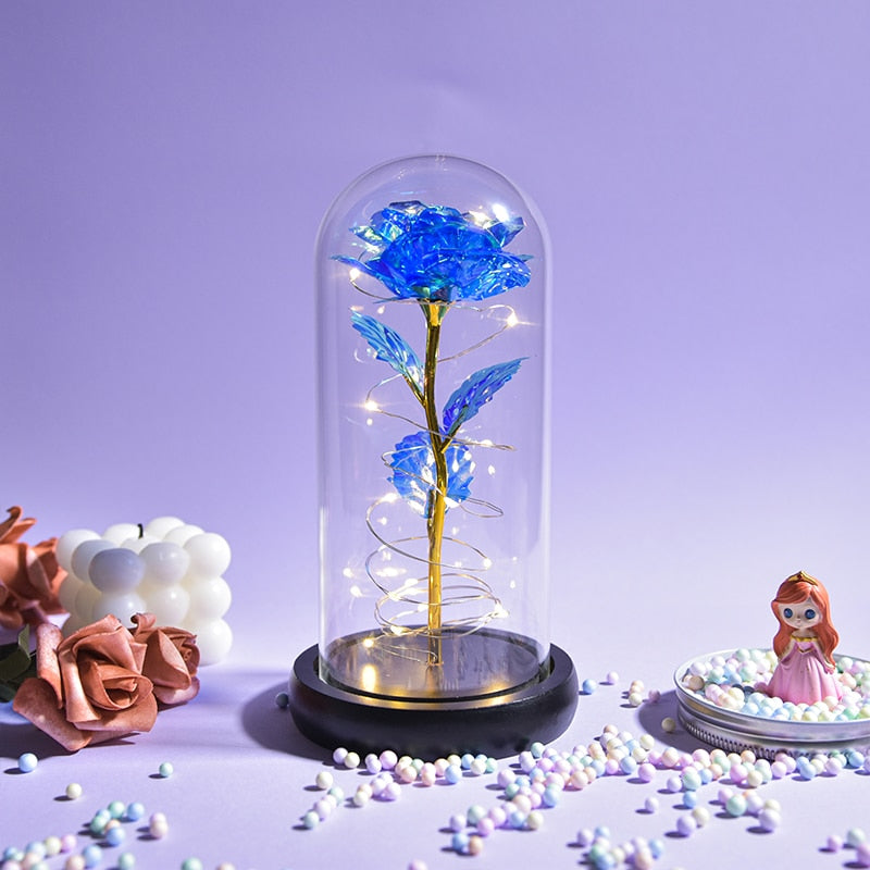 Mothers Day Gifts Beauty and The Beast Preserved Roses In Glass Galaxy Rose LED Light Artificial Flower Gift for Mom Women Girls Black Base-Blue