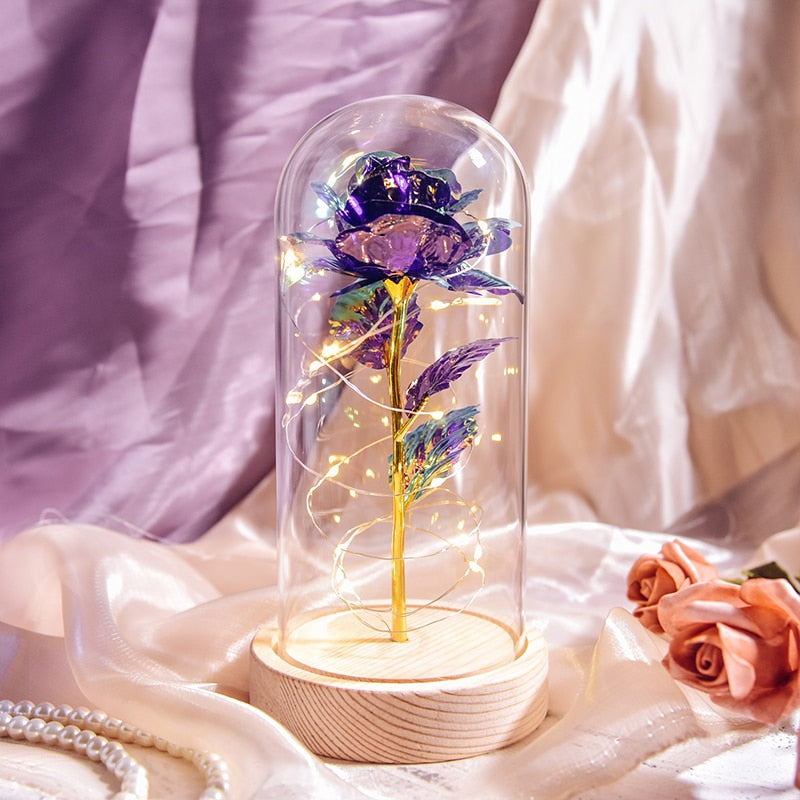 Mothers Day Gifts Beauty and The Beast Preserved Roses In Glass Galaxy Rose LED Light Artificial Flower Gift for Mom Women Girls Wood Base-Purple China