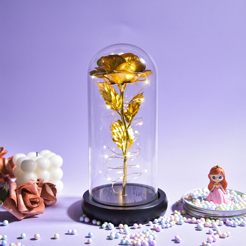Mothers Day Gifts Beauty and The Beast Preserved Roses In Glass Galaxy Rose LED Light Artificial Flower Gift for Mom Women Girls Black Base-Gold China