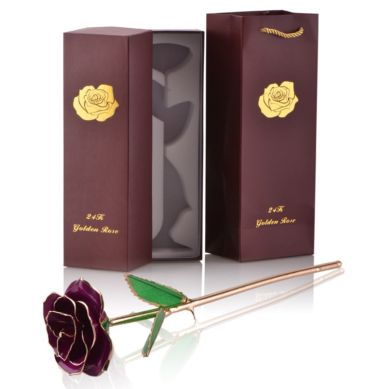 Gifts for Women 24k Gold Dipped Rose with Stand Eternal Flowers Forever Love In Box Girlfriend Wedding Valentine Gift for Her Purple Gold Rose China