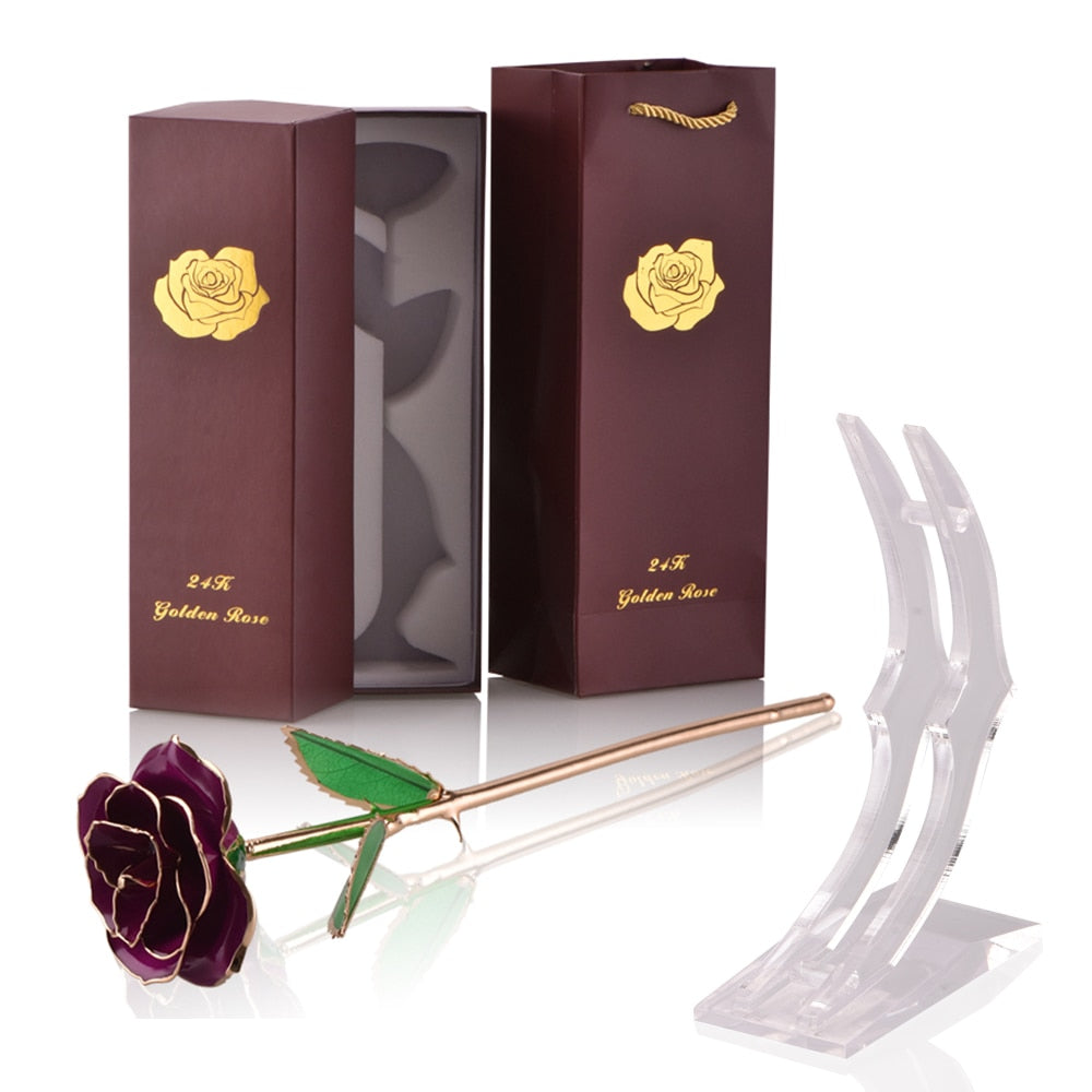 Gifts for Women 24k Gold Dipped Rose with Stand Eternal Flowers Forever Love In Box Girlfriend Wedding Valentine Gift for Her Purple with stand China