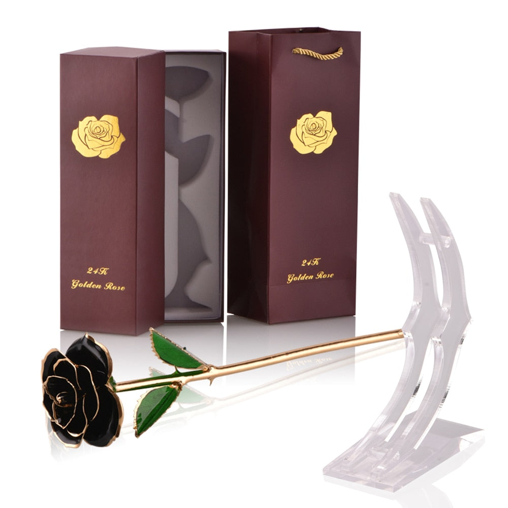 Gifts for Women 24k Gold Dipped Rose with Stand Eternal Flowers Forever Love In Box Girlfriend Wedding Valentine Gift for Her Black with stand China