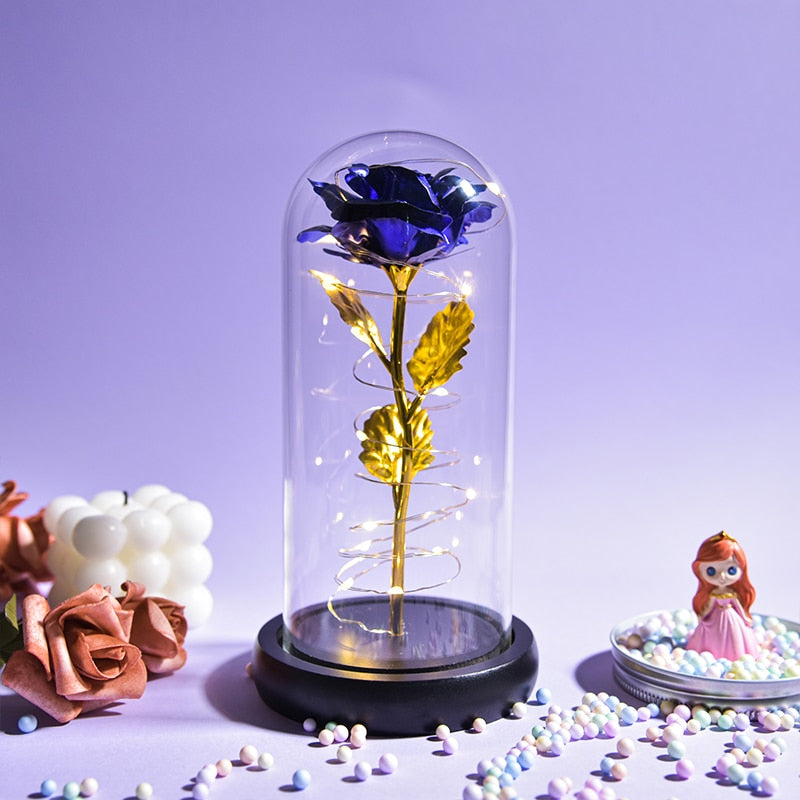 Mothers Day Gifts Beauty and The Beast Preserved Roses In Glass Galaxy Rose LED Light Artificial Flower Gift for Mom Women Girls Black Base-Blue Foil China