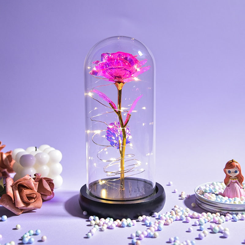 Mothers Day Gifts Beauty and The Beast Preserved Roses In Glass Galaxy Rose LED Light Artificial Flower Gift for Mom Women Girls Black Base-Pink