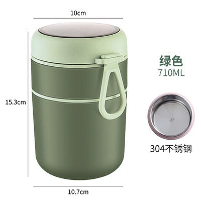 710ML Stainless Steel Lunch Box Drinking Cup With Spoon Food Thermal Jar Insulated Soup Thermos Containers Thermische lunchbox Green 710ml