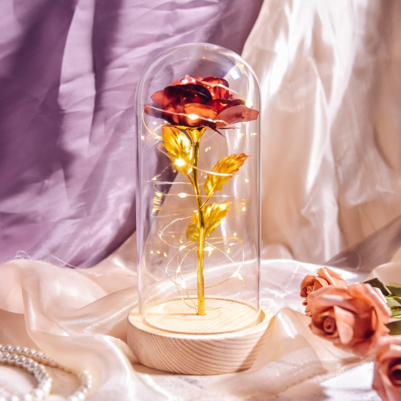 Mothers Day Gifts Beauty and The Beast Preserved Roses In Glass Galaxy Rose LED Light Artificial Flower Gift for Mom Women Girls Wood Base-Red China