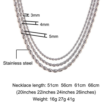 HIP Hop Width 3mm 4mm 5mm Rope Chain Necklace Twisted Gold Silver Color 316L Stainless Steel Necklaces For Women Men Jewelry